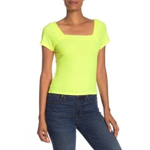 NEW Good Luck Gem Neon Yellow Ribbed Square Neck Short Sleeve M - Picture 1 of 5